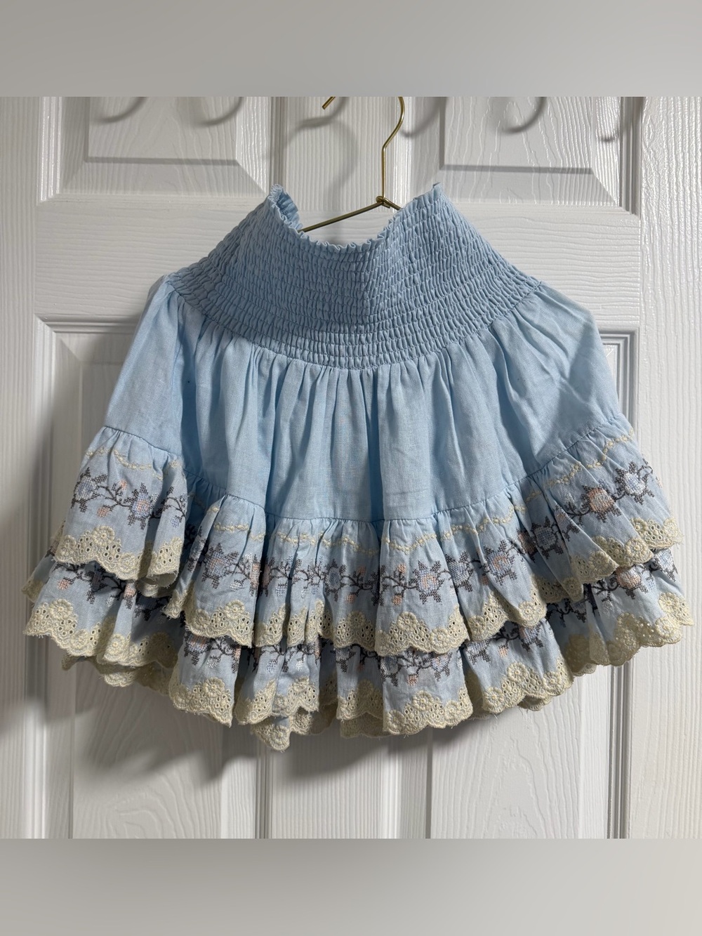 Sunday Saint Tropez Boho Embroidered Tiered Mini Skirt Baby Blue Cotton